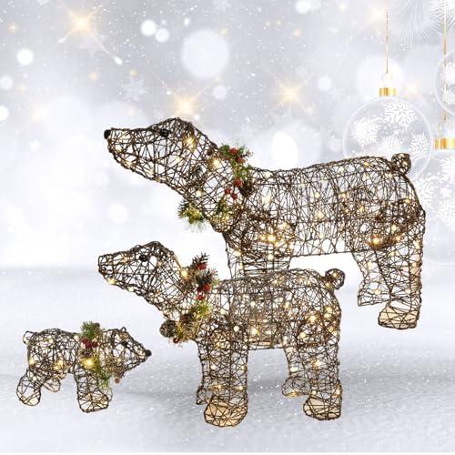 Lighted Christmas Decorations Outdoor Rattan Polar Bear 3-Piece - HOYECHI Polar Bear Family with 140 LED Lights, Zip Ties, Ground Stakes for Front Yard, Lawn - Rattan/Brown