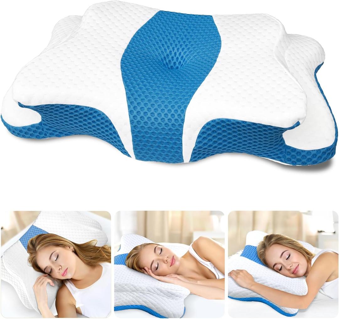 CHxxy Cervical Neck Pillow for Pain Relief Sleeping, Memory Foam Pillows, Ergonomic Side Sleeper Pillows for Adults, Orthopedic Neck Support Pillow for Back Stomach Sleepers-King Size&Blue