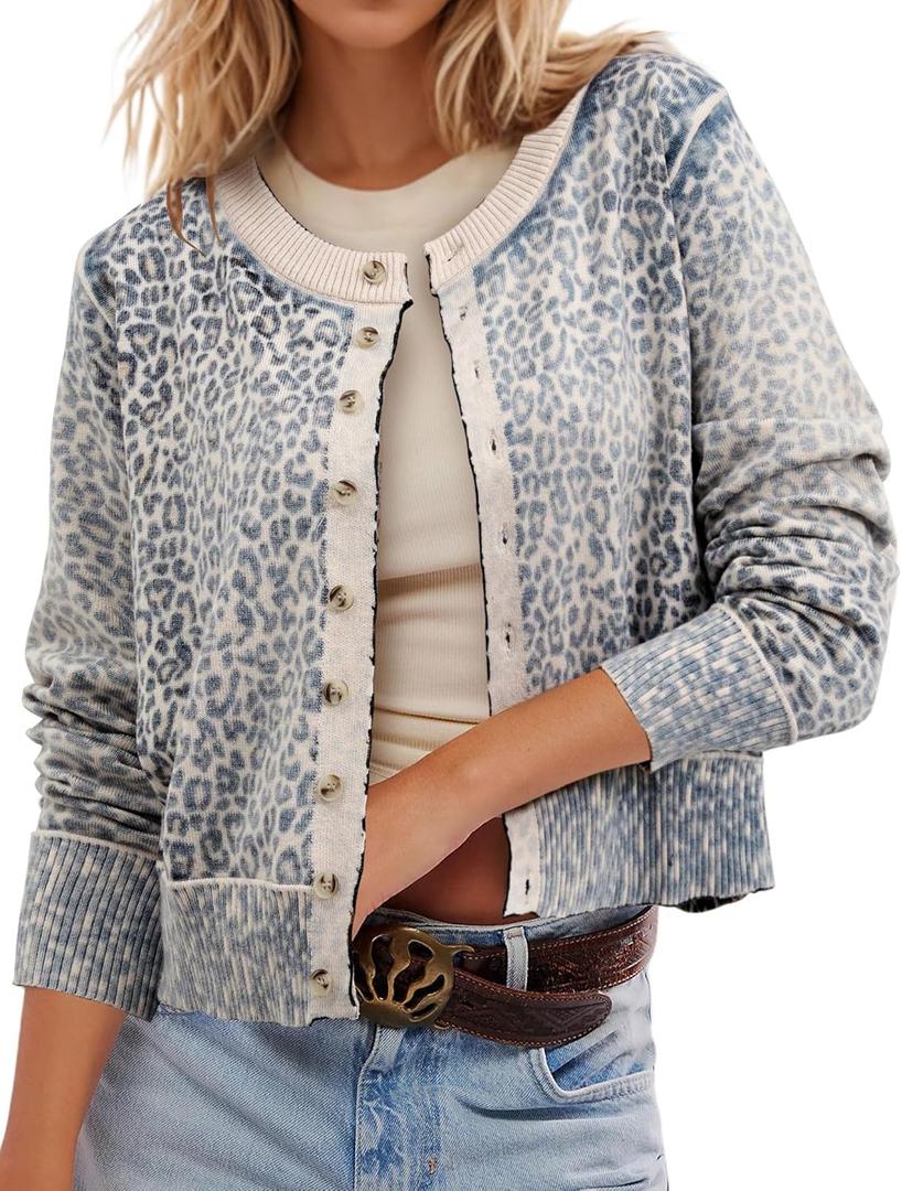 Ziesexy Leopard Cardigan Open Front Button Up Sweaters for Women Long Sleeve Shrug Cheetah Print Top Cropped Cardigan Jackets (Large)