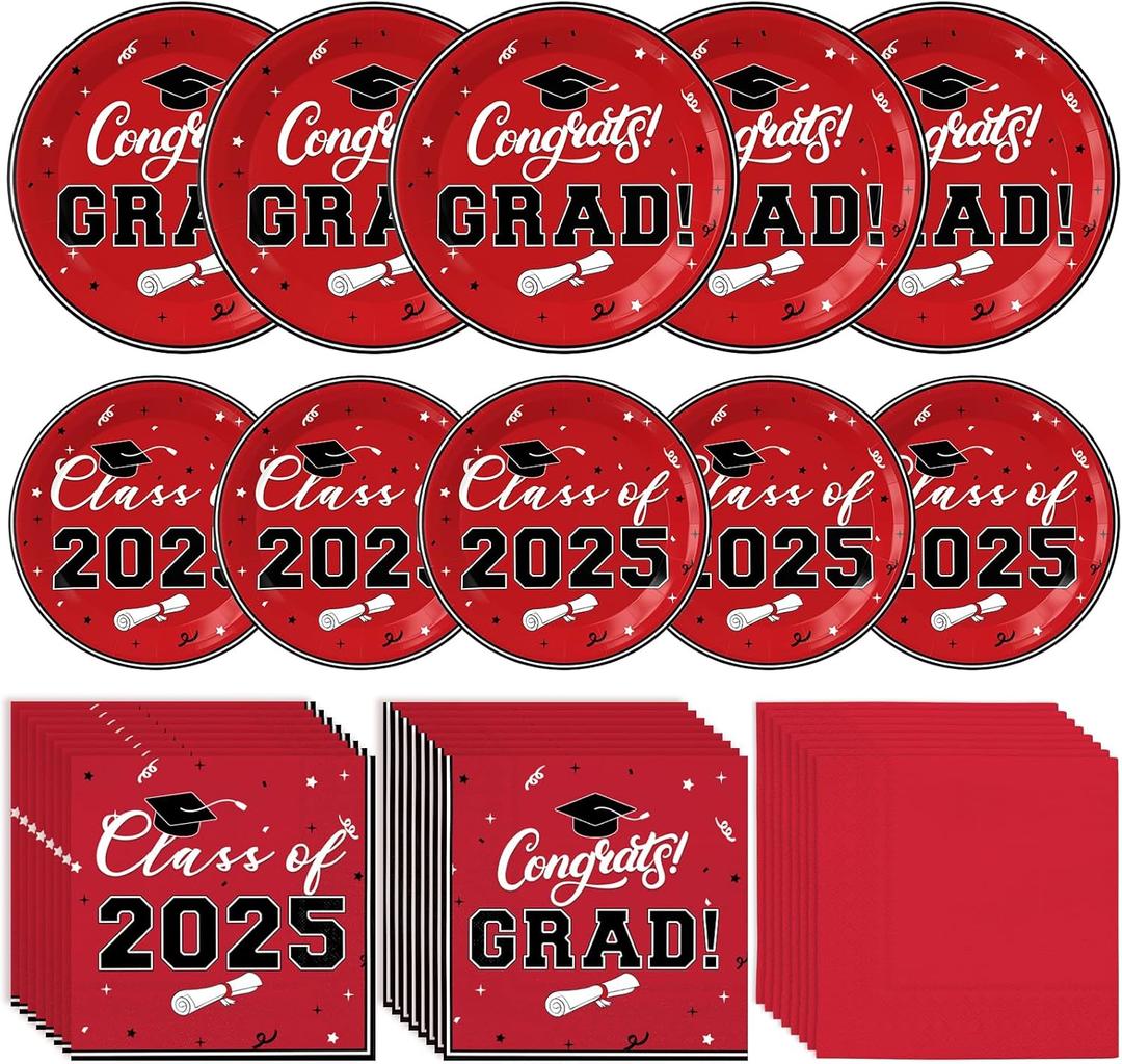 Graduation Decorations 2025, 200 Pcs Red Class of 2025 Graduations Party Supplies Kit with Paper Plates, Luncheon Napkins, Cocktail Napkins, Congrats Grad Decorations for 50 Guests (Red)