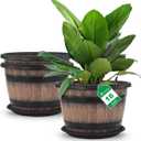 Quarut Large Plastic 3 Pack16 inch Plant Pots,Whiskey Barrel Planters with Drainage Holes & Saucer.Flower Pots Imitation Barrel Design for Indoor & Outdoor Garden Balcony Plants.7 Gallons(Brown)