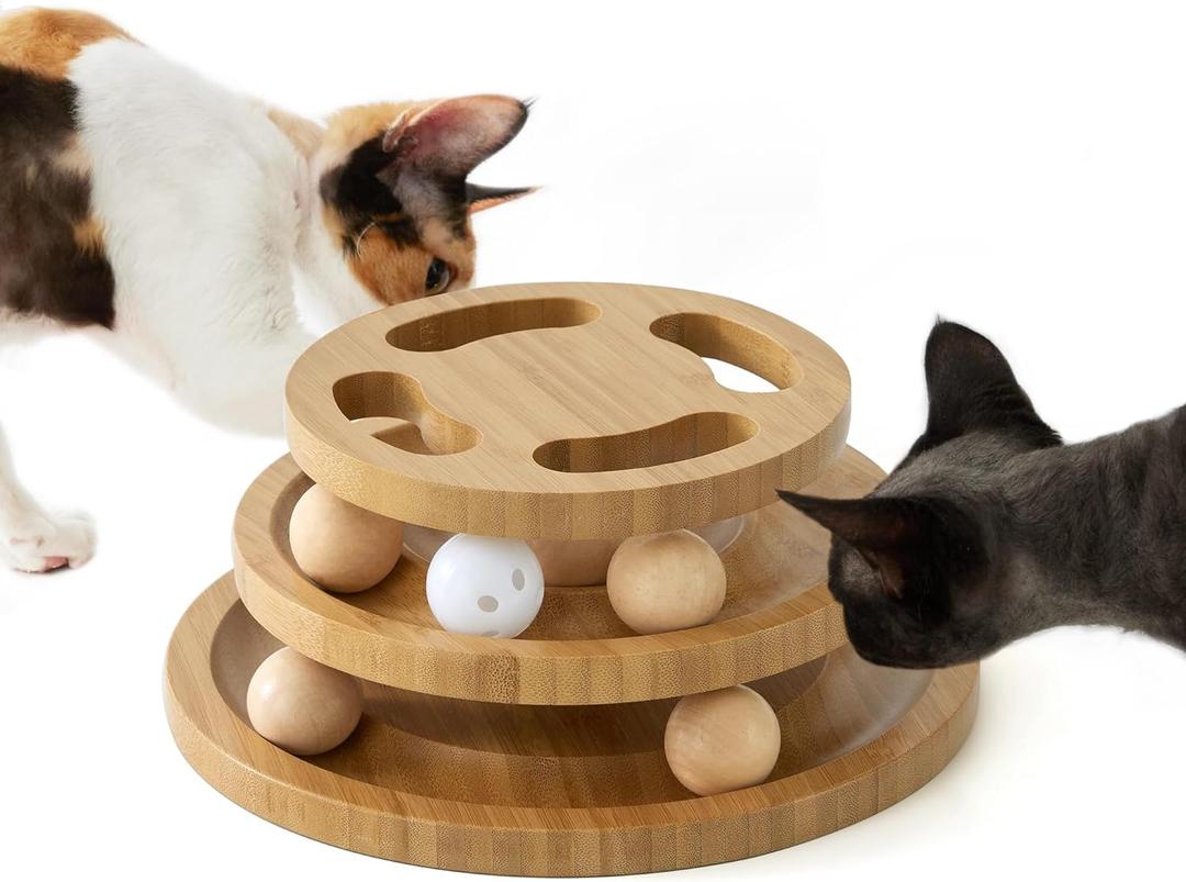 Cat Ball Track Toy with Puzzle Top, Wooden Cat Toys for Indoor Cats with Spinning Balls, Interactive Large Cat Ball Tower for Kitten Exercise, Mental, and Physical
