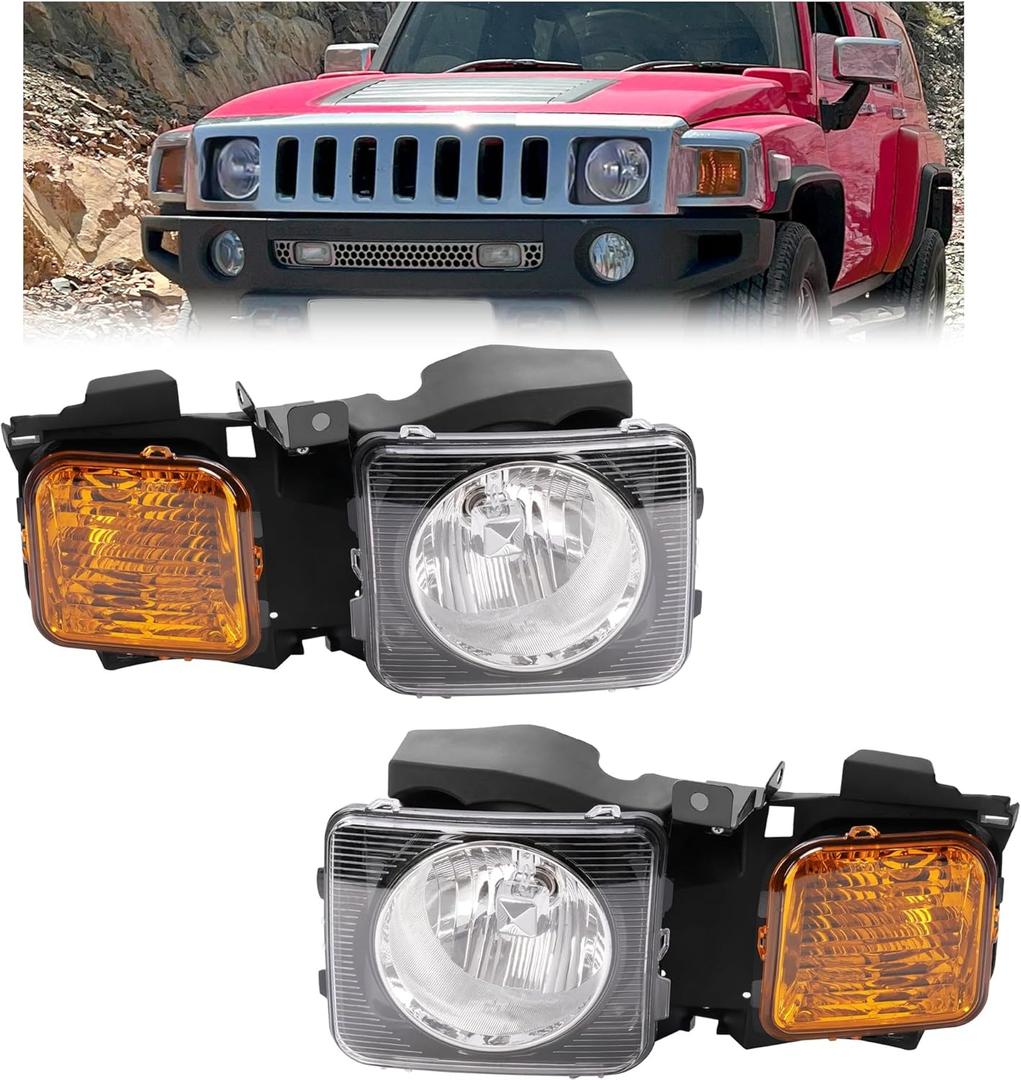 HECASA Pair Headlight Assembly Compatible with 2006-2010 Hummer H3/09-10 H3T Headlamp Front Light Lamp Clear/Yellow Lens - Driver&Passenger Side