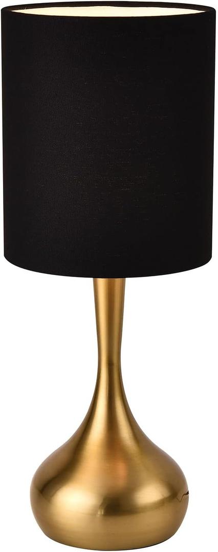 KUNJOULAM Modern Table Lamp, 17.3" Small Desk Light with Brass Metal Droplet Base, Black Cylinder Linen Drum Shade, Nightstand Lamp for Bedroom Living Room Nightstand Office