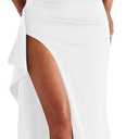 LAGSHIAN Women's Elegant Square Neck Sleeveless Bodycon High Split Ruched Long Formal Evening Dress, White, X-Large