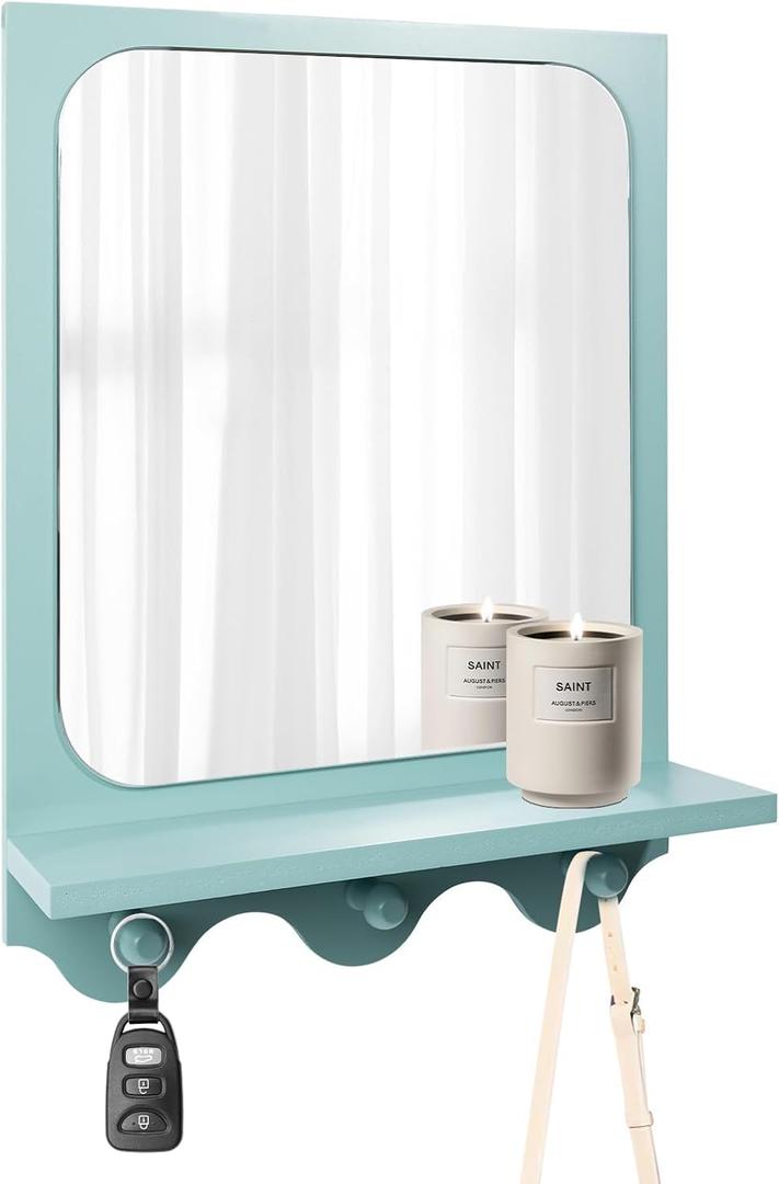 16 x 12 Inch Wooden Framed Wall Mounted Mirror with Shelf and 3 Hooks, Small Real Glass Entryway Hanging Mirror for Bedroom Bathroom Living Room, Blue