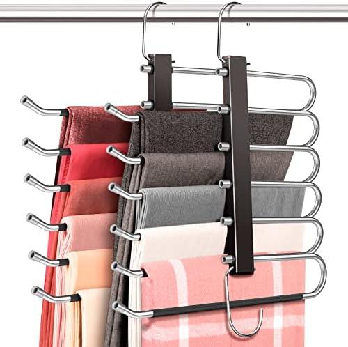 HUITEM 4 Pack 6-Tier Space Saving Pant Hangers, Anti-Slip, Lightweight, Stainless Steel, Black, 6 Pairs Jeans Hangers