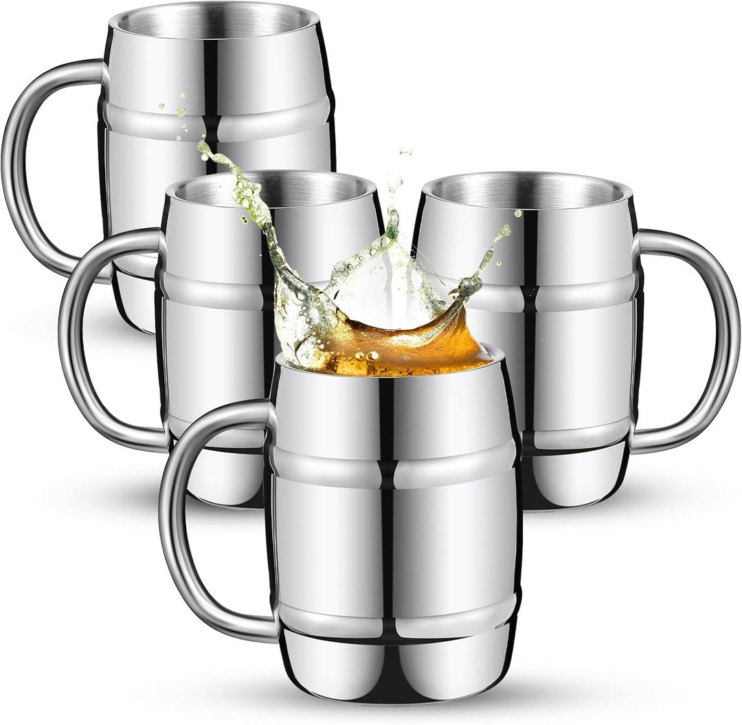 4 Pcs 304 Stainless Steel Barrels Mugs 15 oz Double Wall Coffee Cup Beer Stein Cup with Handle for Party Travel Tumbler Tea Insulated Cold Hot Drinks