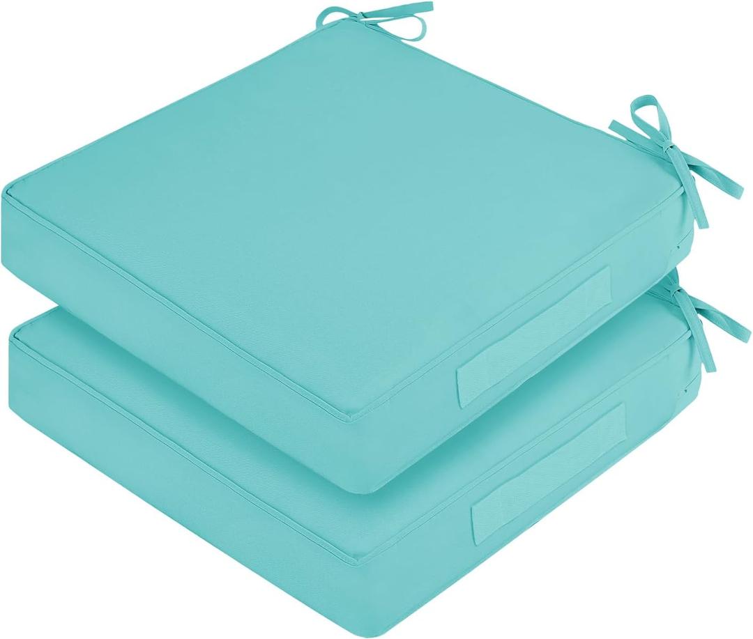 Waterproof Outdoor Chair Cushions Set of 2, Square Outdoor Seat Cushions with Ties and Removable Covers, 19 x 19 Outdoor Cushions for Patio Furniture with Portable Handle(Teal)