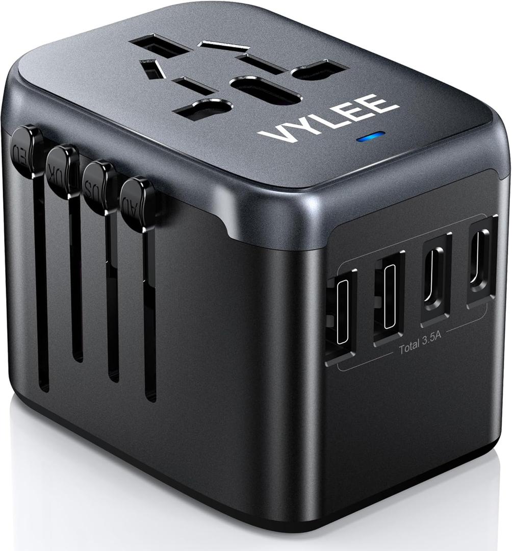 Universal Travel Adapter, VYLEE 5 in 1 International Power Adapter, 3.5A 2xUSB-A and 2xUSB C Wall Charger, Worldwide Travel Essentials Plug for Europe USA UK AUS Asia (Black Grey)
