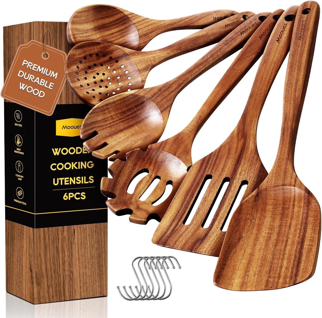 Wooden Spoons for Cooking, 6PCS Teak Wood Cookware Utensil Set with Hooks - Smooth Finish, Non-Stick, Comfortable Grip, Heat Resistant Kitchen Utensils