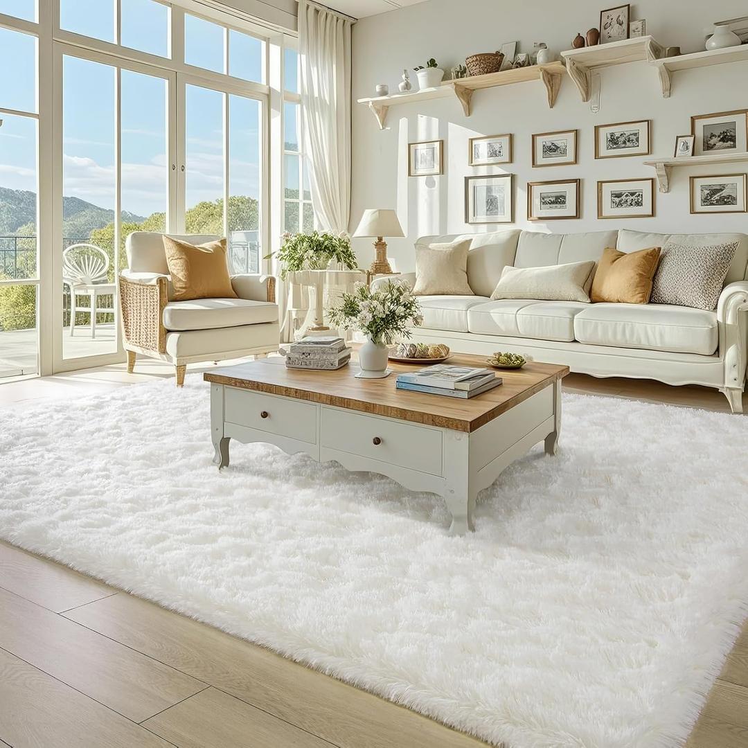 BENRON Fluffy Rugs for Living Room 5x8 Cream White, Washable Large Area Rugs for Bedroom Dining Table Office Kids Nursery Room, Washable Indoor Floor Carpets