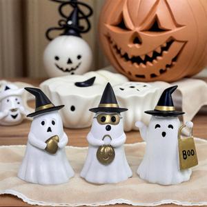 Resin Small White Ghost Figurines, 3PCS Ghosts with Witch Hats, Cute Ghost Statue for Spooky Halloween Decor, for Indoor Halloween Party Tabletop Home Shelf Decoration (Set of 3, White, Black and Gold)