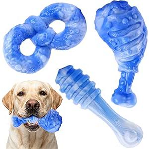 WinTour Dog Toys for Aggressive Chewers 3 Pack, Tough Dog Chew Toys for Aggressive Chewers, Indestructible Dog Toy to Keep Them Busy for Small, Medium and Large Breeds, Bacon Flavor, Blue