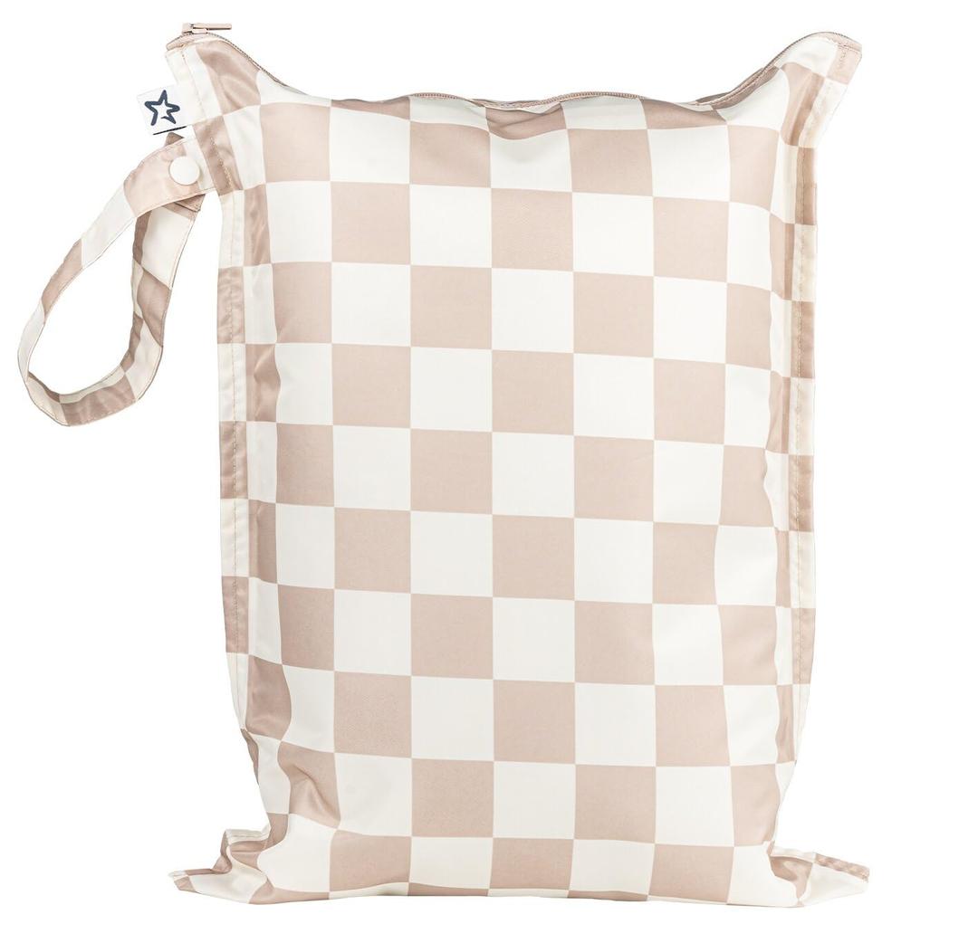 Tiny Twinkle Mess Proof Wet Bags | 1-Pack Reusable Waterproof Wet Bags for Swimsuits | Baby Clothes | Travel & Diaper Bag (Beige Checkers)
