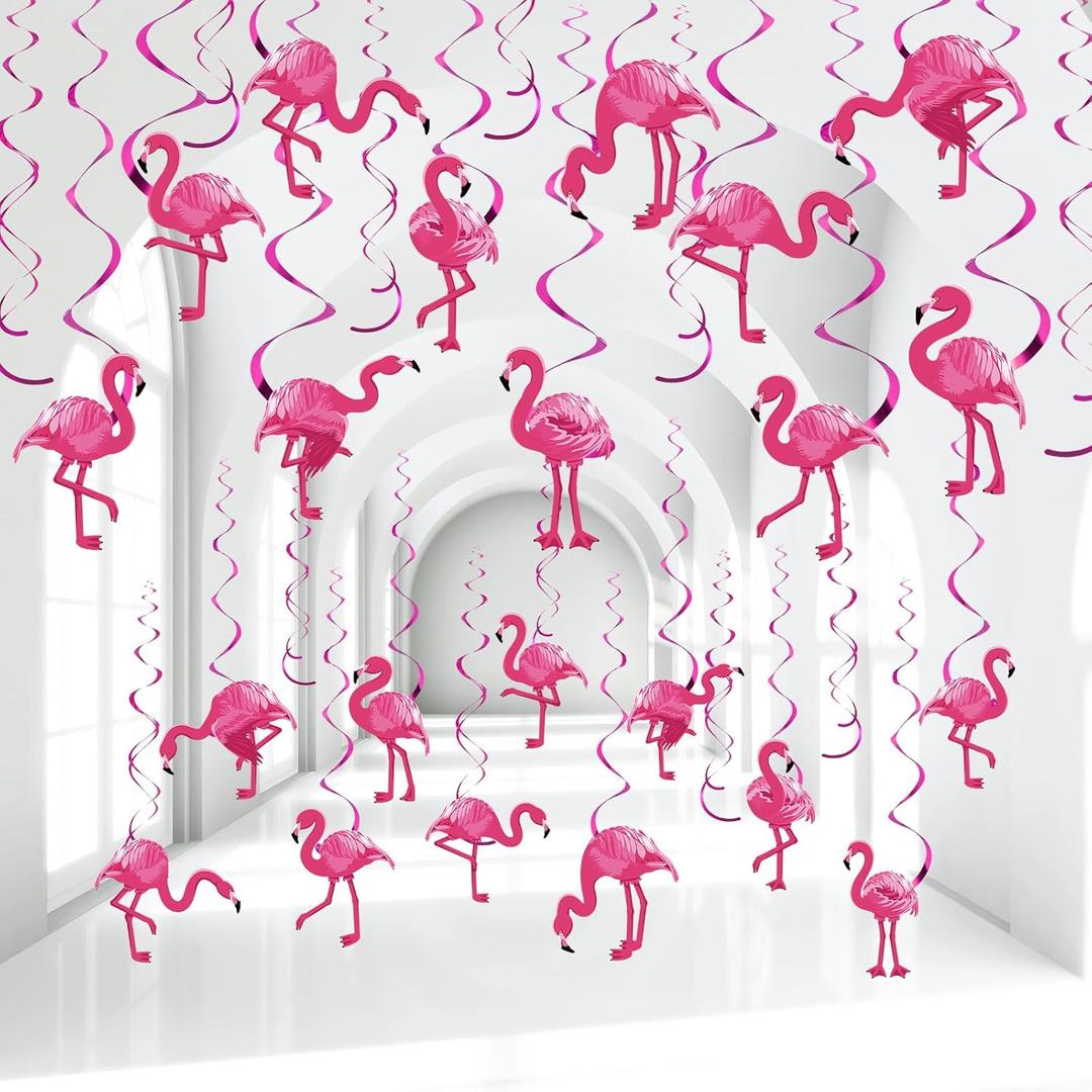 Faccito 52 Pcs Flamingo Party Hanging Swirl Decorations Hawaii Luau Pink Flamingo Ceiling Streamers Summer Hawaiian Foil Hanging Swirls Decor for Aloha Beach Luau Birthday Party Supplies
