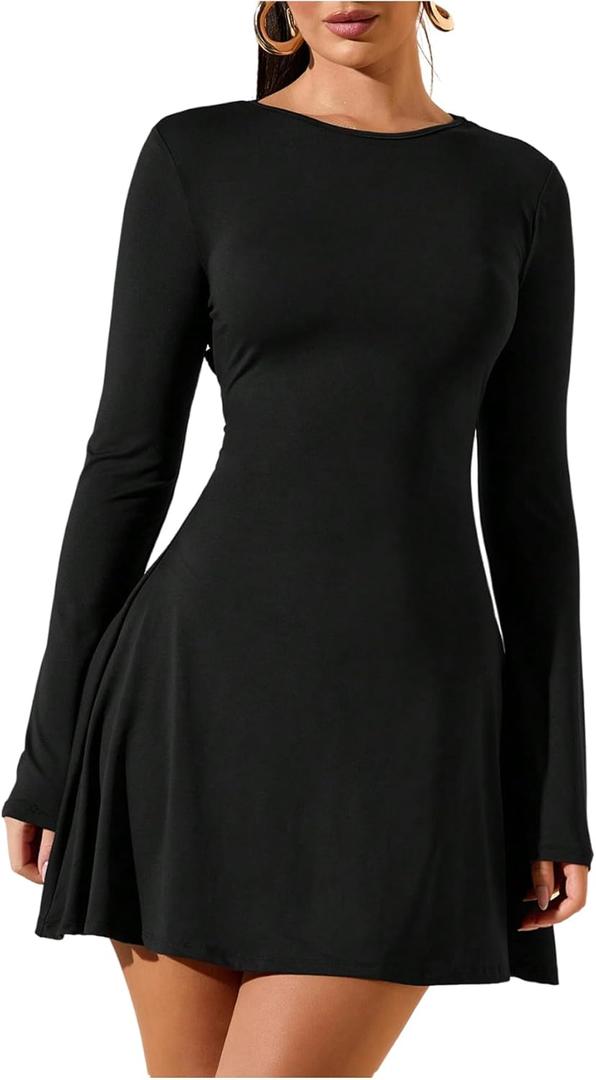 SOLY HUX Women's Long Sleeve Mini Dress Elegant Lace Up Crew Neck Work Office Dresses (Plain Black) S