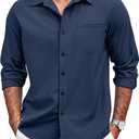 COOFANDY Men's Casual Button Down Shirts Long Sleeve Untucked Shirts Regular Fit Linen Shirt, XXL, Navy Blue