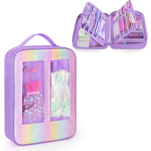 Carrying Case Compatible with Barbie Clothes, Doll Accessories Organizer Bag, 2 Front Transparent Windows, 2 Binders with Several Storage Pockets, Extra Pockets for Doll Stuff, Purple, Case Only