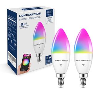 Candelabra Smart Light Bulbs 60W Equivalent, 500LM 6W E12 LED Bulb Compatible with Alexa/Google Home, RGBCW Candle Bulb for Chandelier, No Hub Required, 2.4G WiFi Only, ETL Listed, 2PCS (2 Count (Pack of 1))