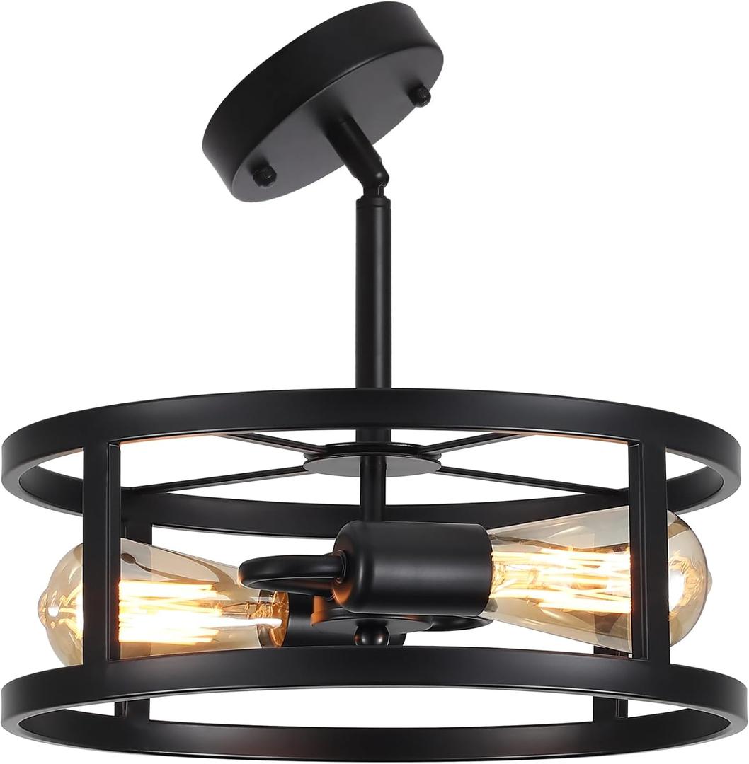 Industrial Black Semi Flush Mount Ceiling Light,Farmhouse Kitchen Lighting, Sloped Ceilings Lights Fixtures for Dining Room Hallway Entryway, 2-Light