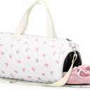 Dansydaisy Quilted Duffle Bag for Women Cotton Pink Bow Dance Bag with Adjustable Carry Strap and Handy Pouch Floral Backpack for Dancers, 18.9 x 9.45 x 8.66 inches