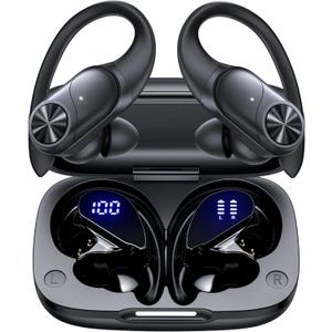 PocBuds Bluetooth Headphones Wireless Earbuds 80hrs Playtime Wireless Charging Case Digital Display Sports Ear Buds with Earhook Deep Bass IPX7 Waterproof Over-Ear Earphones for TV Phone Laptop Black