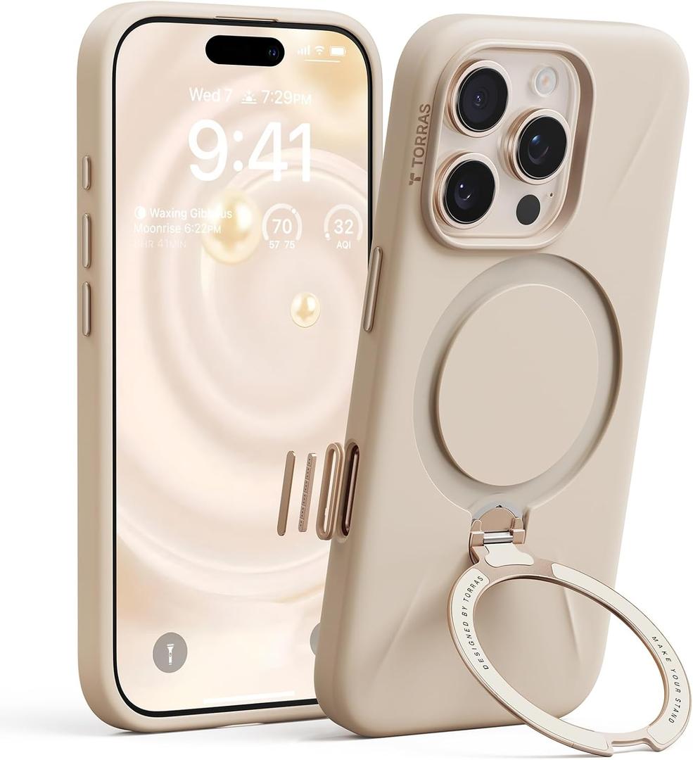 TORRAS Magnetic for iPhone 16 Pro Max Case Silicone with Stand, Fit for MagSafe, 360 Ring Stand with Camera Control, Ostand Q3 Silicone Rubber Soft Case for iPhone 16 Pro Max 6.9'', Dune Beige