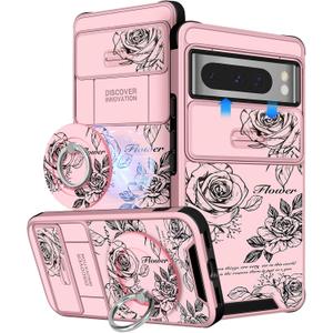 Buleens for Google Pixel 8 Pro Case 6.7 Inch - with Ring Stand & Camera Cover Aesthetic Cute Designed for Women Girls Girly Pretty Kawaii Rose Flower for Pixel 8 Pro Phone Case Compatible with Magsafe
