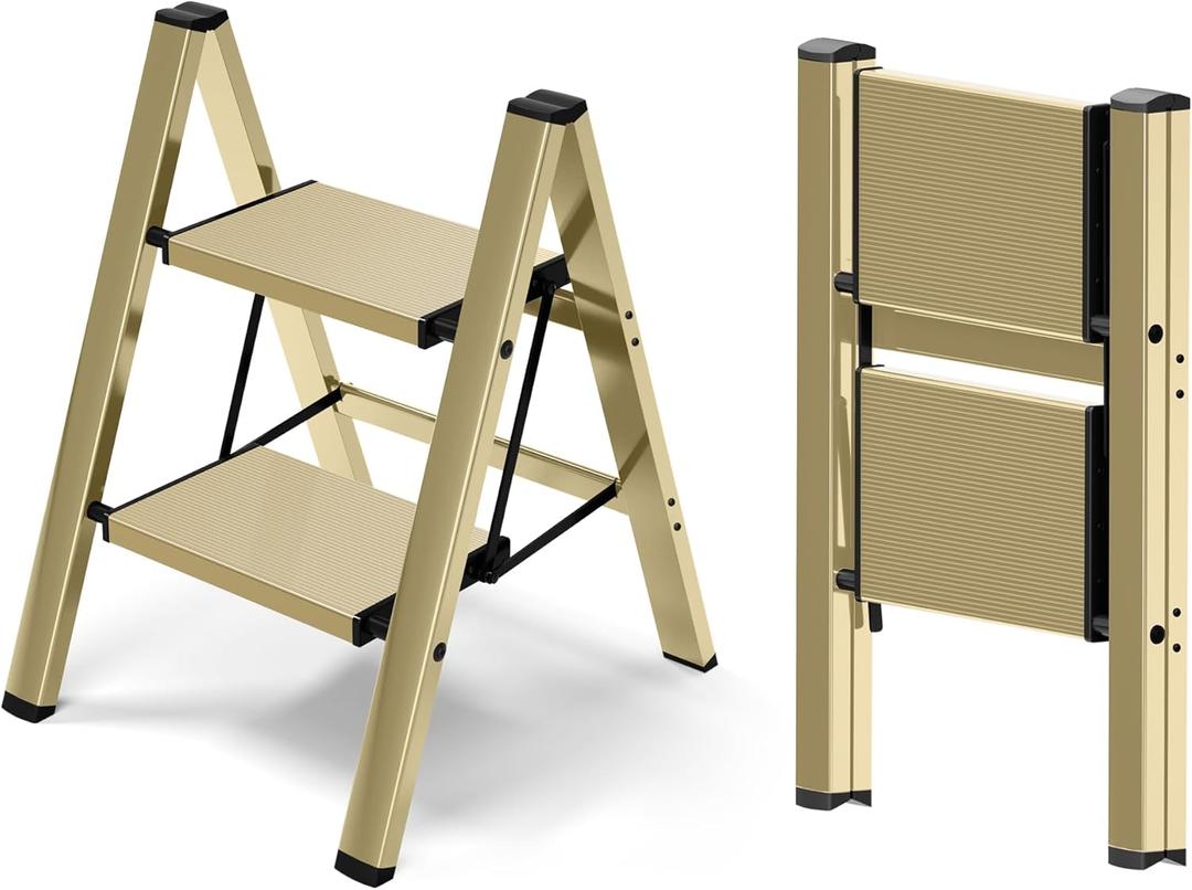 2 Step Ladder,Aluminum Folding Step Stool for Adults,Step Ladder with Wide Anti-Slip Pedal,330 lbs Capacity for Home,Office,Kitchen,Library(Gold)