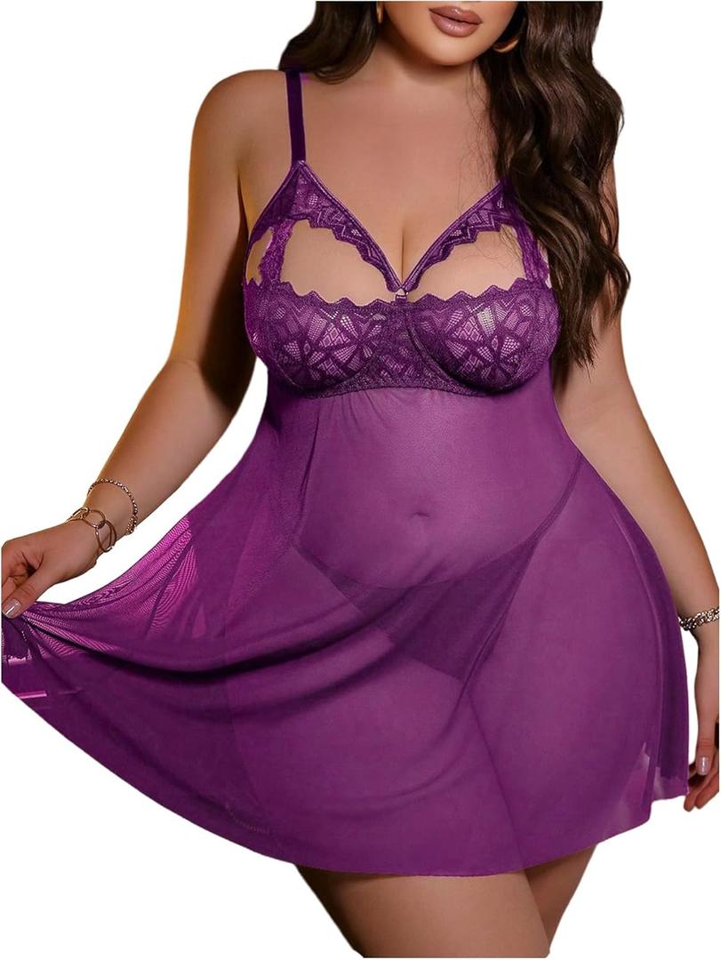 OYOANGLE Women's Plus Size Lingerie Set Lace Sheer Cut Out Strap Nightgown V Neck Mesh Sleepwear (XX-Large Plus, Purple)