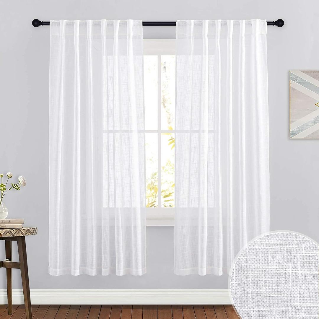 RYB HOME Linen Curtains Sheer - Half Privacy White Semi Sheer Drapes Light Airy for Bedroom Living Room Wedding Ceremony Study Office, 52 x 72 inch Long, 2 Panels