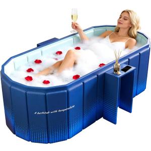 Portable Foldable Bathtub, Freestanding Bathtub No Installation, Bathroom SPA Soaking Bath Tub, Shower Stall Collapsible Hot & Ice Bath Tub (Blue with Storage Rack, 47.2"L x 21.6"W x 19.6"H)