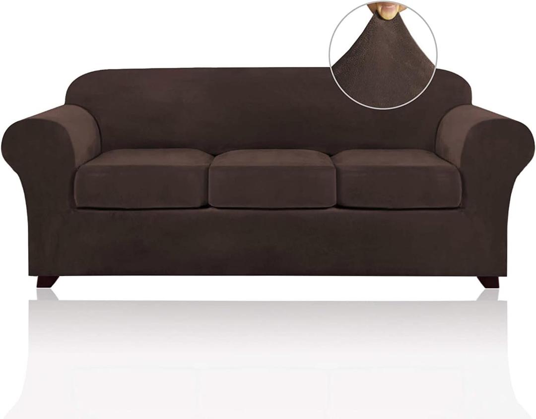 PrinceDeco Velvet Couch Covers for Sofa Soft 4 Pieces Couch Covers for 3 Cushion Couch Sofa Pet Friendly Furniture Protector with Non Slip Elastic Bottom Width Up to 90 Inch (Large, Brown) (Large(72"-90"))