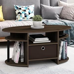 Furinno Jaya Oval Modern Rustic Brown Coffee Table with Side Shelves and Storage Bin, Side Table with Shelf, for Living Room, Bedroom, Home Office, Brown Walnut