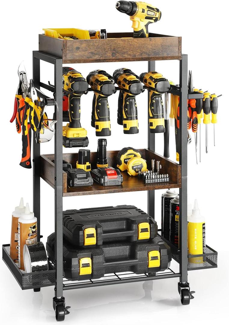 Power Tool Organizer Garage Storage Organization Shelving Tool Holder Drill Rack Shelf Rolling Cart Open Tool Chest Cabinet Box Organizer with Wheels Workshop Garage Gift Ideas for Men Dad (Rustic Brown Wood)