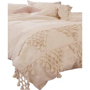Tufted Tassel Duvet Cover Cotton Cream Boho Bedding Twin, 68''x90''