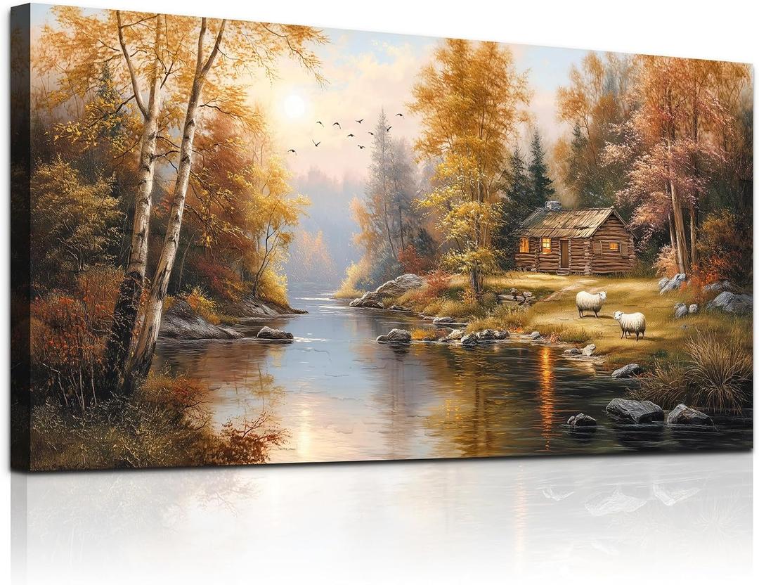 MEICEN88 Autumn Forest Landscape Painting Canvas Wall Art For Living Room Modern Nature Wall Art Farmhouse Decor For Bedroom Office Aesthetic Artwork Wall Picture Home Decor Ready To Hang 24x48