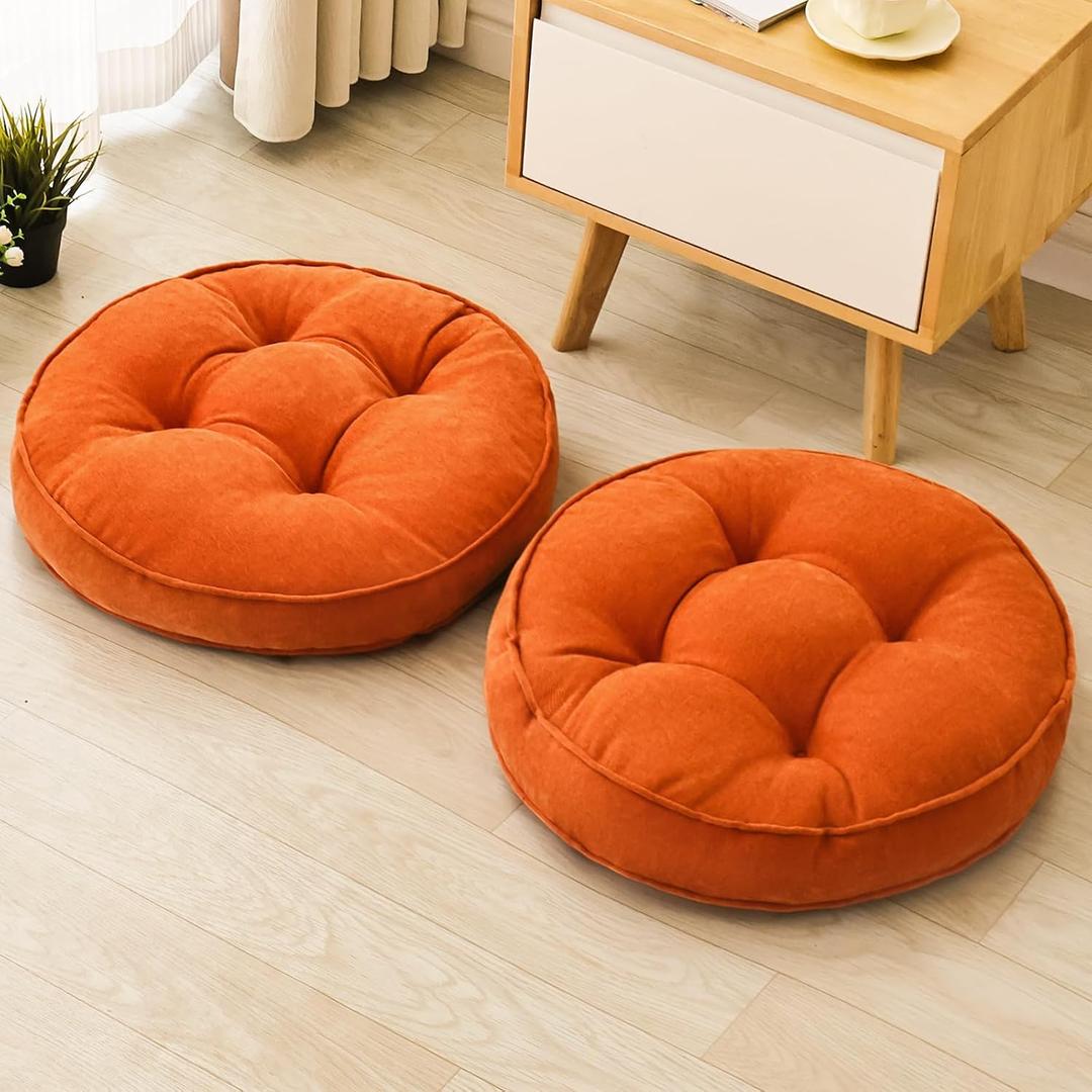 Floor Pillow Set of 2, Memory Foam Floor Cushions for Adults, Large Meditation Pillow for Sitting, 22 x 22 Inches (Round | Orange)