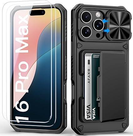 BXYJY for iPhone 16 Pro Max Case Wallet with Screen Protector (Tempered Glass), Card Holder (45 Cards), Slide Camera Cover, Military Grade Drop, Heavy Duty Men Women Case for iPhone 16 Pro Max, Black