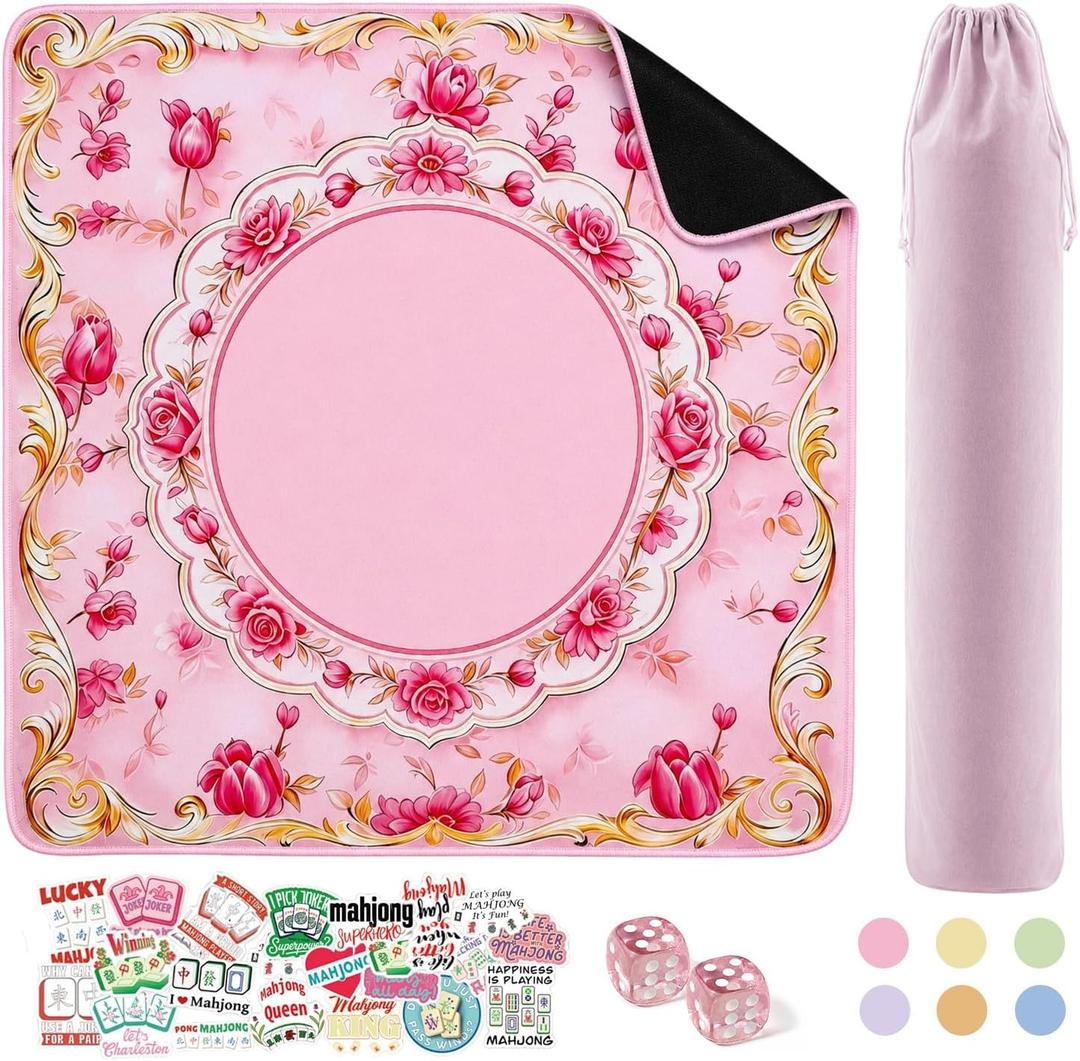 Pink Mahjong Mat for Table & 50PCS Stickers| Carrying Bag, Heavy Floral Mahjong Mats & 2 Dices, Noise Reduction Non Slip Foldable, 31.5x31.5 Game Table Cover, for Playing Card, Board Tile Games
