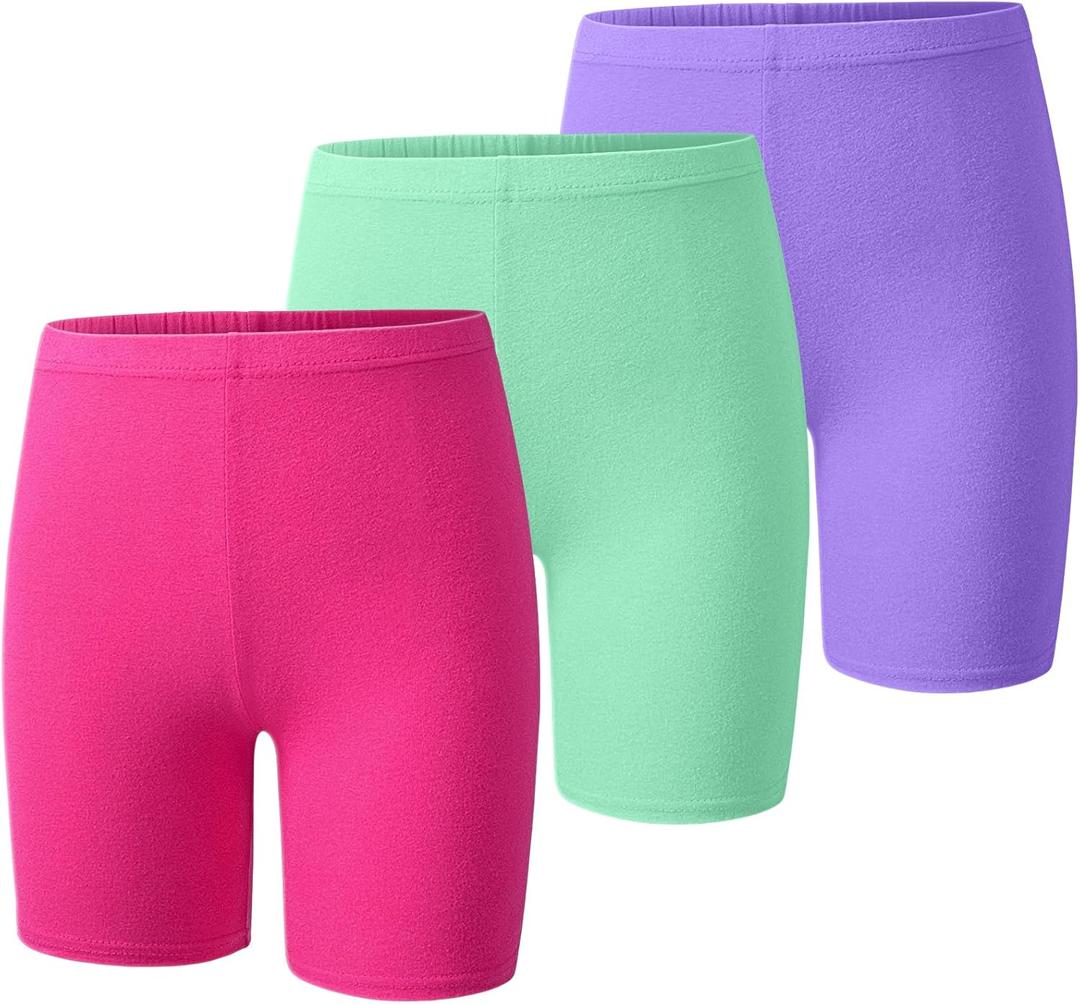 BOOPH Girls Volleyball Bike Shorts Toddler Kids Athletic Cartwheel Dance Compression Shorts 3 Pack (9-10 Years, Green-purple-rose Red)