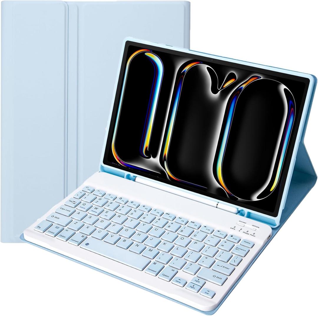 Slim Candy Colors Keyboard Case Compatible with iPad Pro 11 Inch M4 2024 / M5 2025 with S Pen Holder, Mutil Angles Stand Cover Detachable Wireless Keyboard (Light Blue)