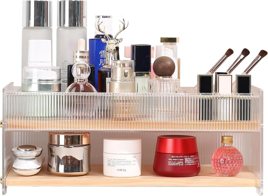 Makeup Organizer with Brush Holder for Vanity, Skincare Organizer Jewelry Storage, Cosmetics Storage and Display Case, Make Up Holders and Organizers for Countertop, Easy For Store Skincare (Pine Wood with Lipstick Holder)