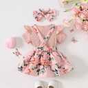 Baby Girl Clothes Cute Summer Outfits Short Sleeve Romper Adjustable Floral Overall Dress Headband 3PCS (Pink, M)