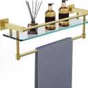 Bathroom Glass Shelf with Towel Rack Organizer Wall-Mounted Bathroom Storage SUS304 Stainless Steel Track Wall-Mounted Tempered Glass Stainless Steel Shelf (Brushed Gold, 20-inch)