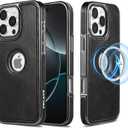 KECAKE for iPhone 16 PRO MAX 6.9 Inch Case Luxury Leather Logo Visible Vintage Ultra Slim Protective Cover (Black with Black Trim)