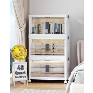 OlarHike 144QT Lockable Storage Bins with Lids - Folding Storage Cabinet with Doors and Wheels, Collapsible Plastic Box for Closets, Office, Stackable Organizer and Containers, Gifts, 3 Pack Cubes