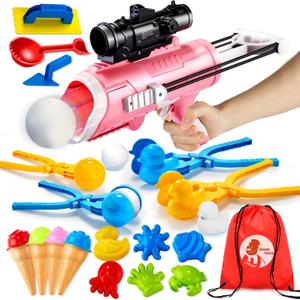 Snowball Maker Toy for Kids 24 Pcs Winter Outdoor Toys with Snowball Launcher Gun, Duck Snowball Maker, Animal Sand Molds Beach Toys for Toddlers Kids GirlsPink