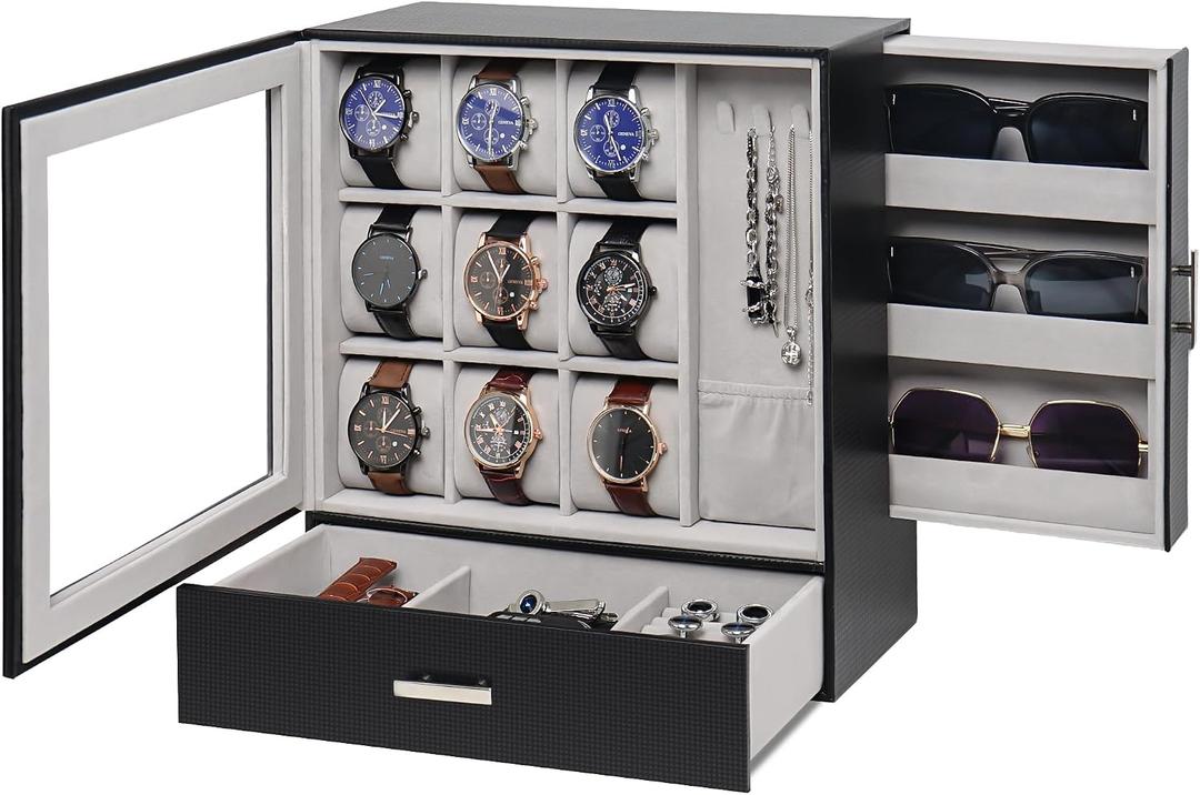 Jenseits 9-Slot Watch Box, Mens Jewelry Box with Glass Lid and Drawer, Leather Watch Organizer for Watches, Sunglasses, Vertical Watch Case Holder for Men Women, Gift Idea
